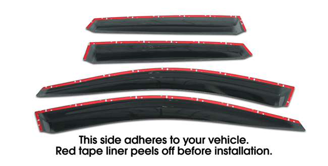 Shown with tape liner which peels off before installation: Set of four WV-08I-TF-WRX-STI Tape-On Outside-Mount Window Visor Rain Guards to fit 2008-2014 Subaru WRX & STI Sedan models only