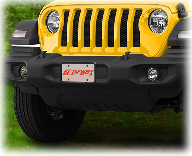 The C&C CarWorx front license bracket is shown above on a Jeep Wrangler Sport