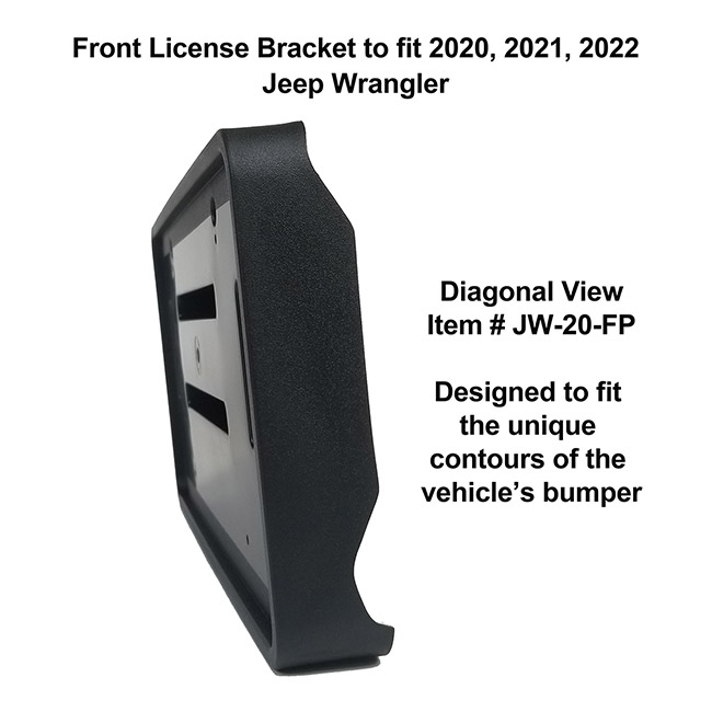 Diagonal View showing unique contours to fit snugly around your vehicle's bumper: Front License Bracket JW-20-FP to fit 2020, 2021, 2022 Jeep Wrangler custom designed and manufactured by C&C CarWorx