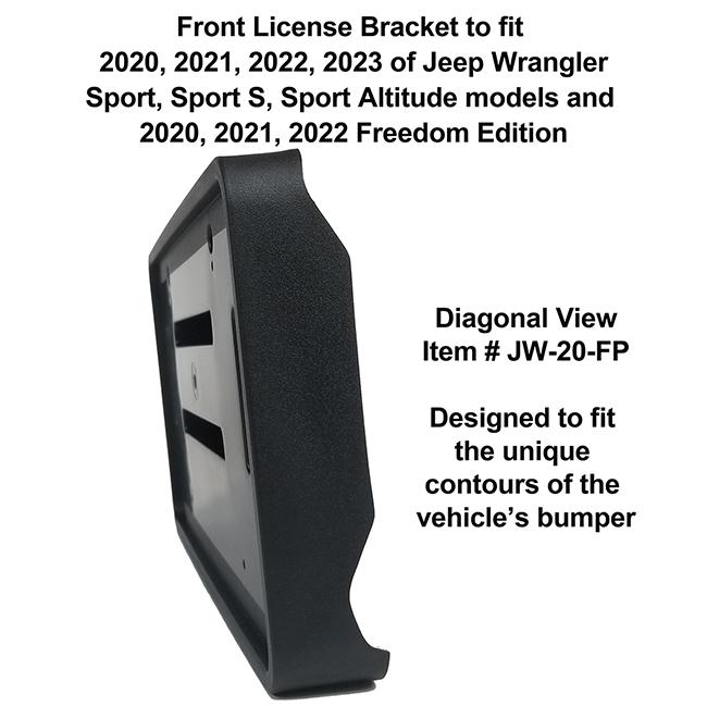 Diagonal View showing unique contours to fit snugly around your vehicle's bumper: Front License Bracket JW-20-FP to fit the 2020, 2021, 2022, 2023 Jeep Wrangler Sport, Sport S, Sport Altitude and 2020, 2021, 2022 Freedom Edition custom designed and manufactured by C&C CarWorx