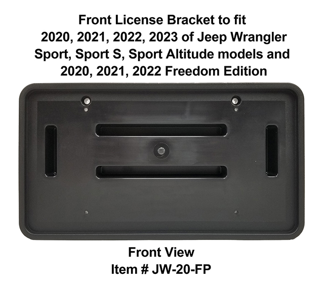 Front View of Front License Bracket JW-20-FP to fit the 2020, 2021, 2022, 2023 Jeep Wrangler Sport, Sport S, Sport Altitude and 2020, 2021, 2022 Freedom Edition custom designed and manufactured by C&C CarWorx