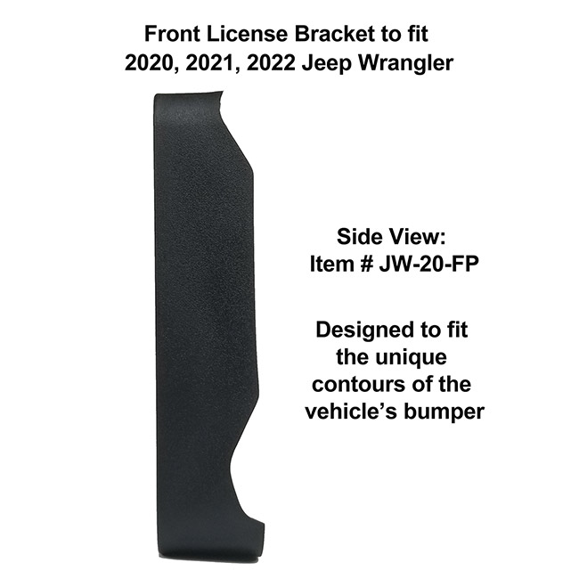 Side View showing unique contours to fit snugly around your vehicle's bumper: Front License Bracket JW-20-FP to fit 2020, 2021, 2022 Jeep Wrangler custom designed and manufactured by C&C CarWorx