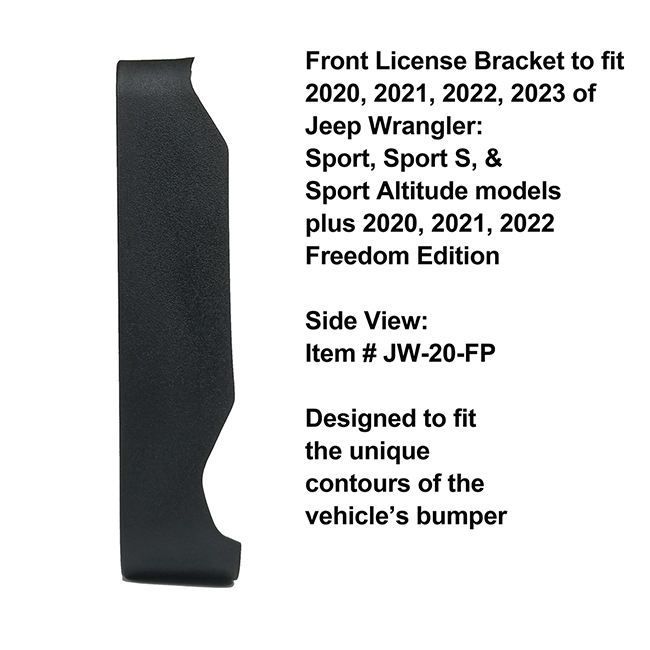 Side View showing unique contours to fit snugly around your vehicle's bumper: Front License Bracket JW-20-FP to fit the 2020, 2021, 2022, 2023 Jeep Wrangler Sport, Sport S, Sport Altitude and 2020, 2021, 2022 Freedom Edition custom designed and manufactured by C&C CarWorx