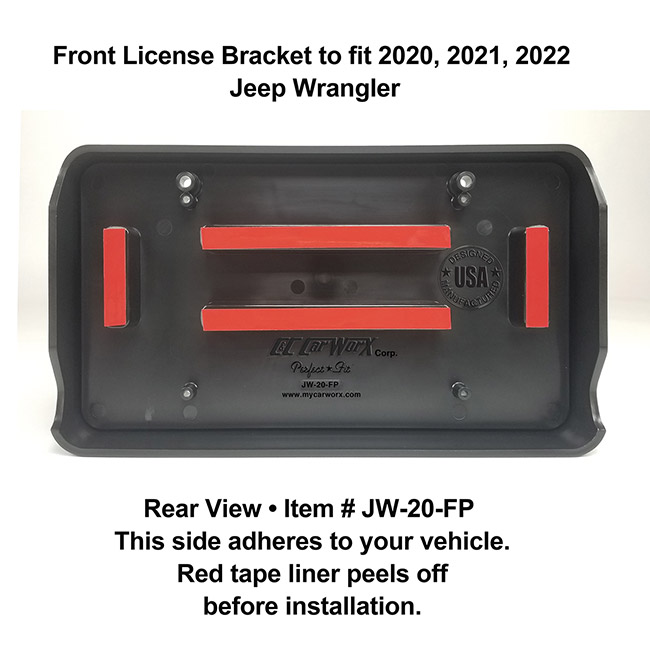 Rear View showing red tape liner which peels off before installation: Front License Bracket JW-20-FP to fit 2020, 2021, 2022 Jeep Wrangler custom designed and manufactured by C&C CarWorx