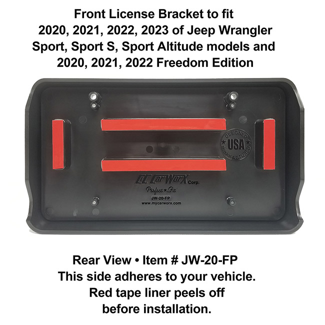 Rear View showing red tape liner which peels off before installation: Front License Bracket JW-20-FP to fit the 2020, 2021, 2022, 2023 Jeep Wrangler Sport, Sport S, Sport Altitude and 2020, 2021, 2022 Freedom Edition custom designed and manufactured by C&C CarWorx