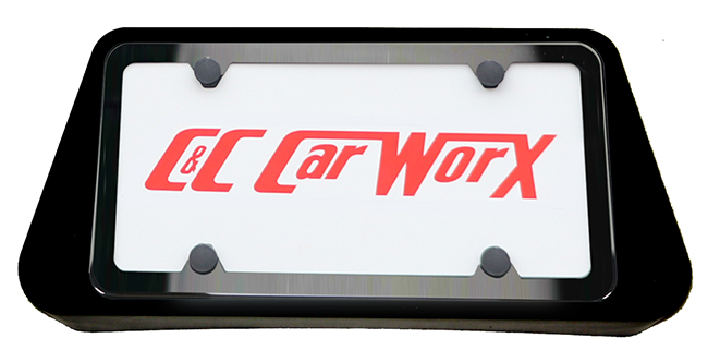 Powder-Coated Black Stainless Steel License Plate Frame shown installed within the C&C CarWorx Front License Bracket for this model vehicle.