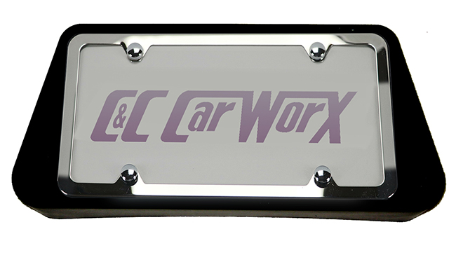 Polished Mirror Bright Stainless Steel License Plate Frame shown installed within the C&C CarWorx Front License Bracket for this model vehicle.