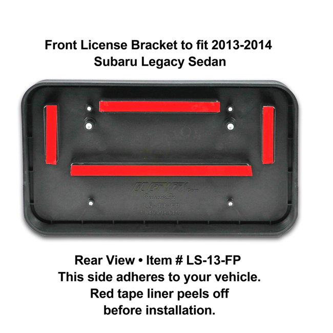 Rear View showing red tape liner which peels off before installation: Front License Bracket LS-13-FP to fit 2013-2014 Subaru Legacy Sedan custom designed and manufactured by C&C CarWorx