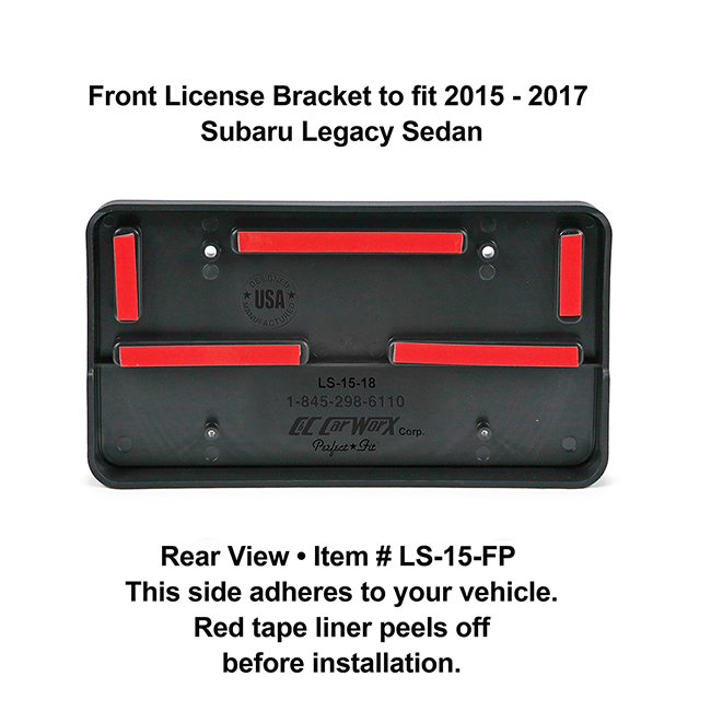 Rear View showing red tape liner which peels off before installation: Front License Bracket LS-15-FP to fit 2015-2017 Subaru Legacy custom designed and manufactured by C&C CarWorx