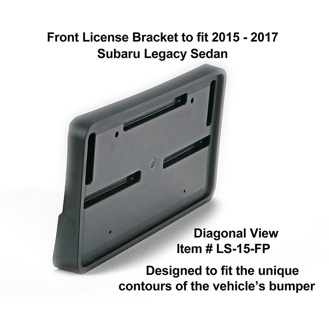 Diagonal View showing unique contours to fit snugly around your vehicle's bumper: Front License Bracket LS-15-FP to fit 2015-2017 Subaru Legacy custom designed and manufactured by C&C CarWorx