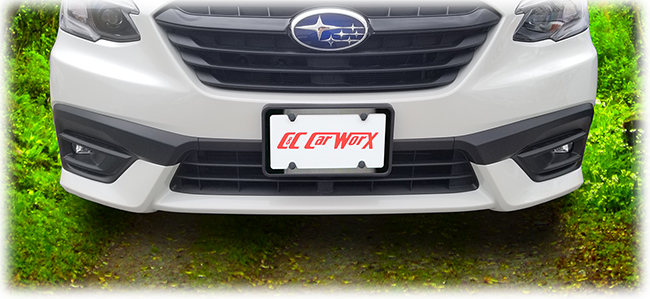 The Front License Bracket to fit the 2020, 2021, 2022 Subaru Legacy Sedan is shown with the classy black stainless steel frame which is available in a discounted bundle by C&C CarWorx