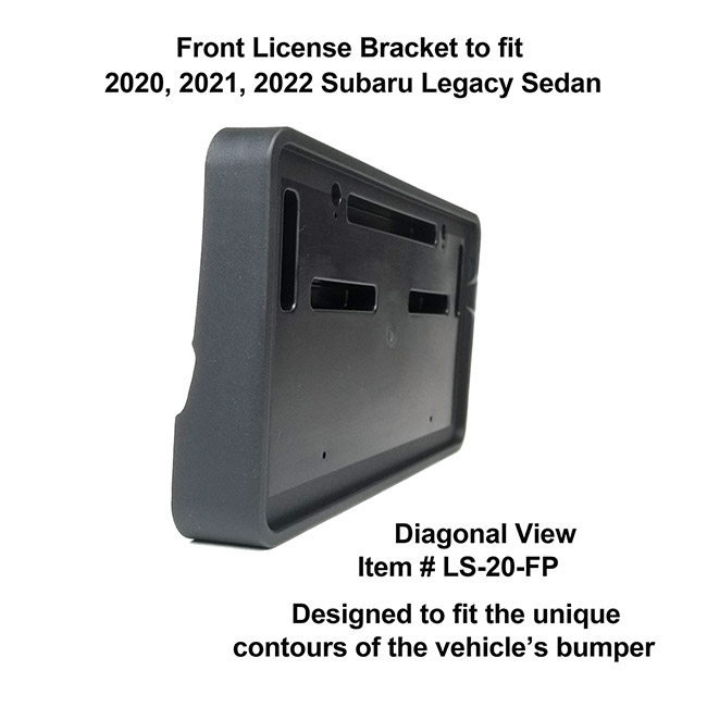 Diagonal View showing unique contours to fit snugly around your vehicle's bumper: Front License Bracket LS-20-FP to fit 2020, 2021, 2022 Subaru Legacy Sedan custom designed and manufactured by C&C CarWorx