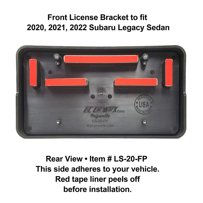 Rear View showing red tape liner which peels off before installation: Front License Bracket LS-20-FP to fit 2020, 2021, 2022 Subaru Legacy Sedan custom designed and manufactured by C&C CarWorx