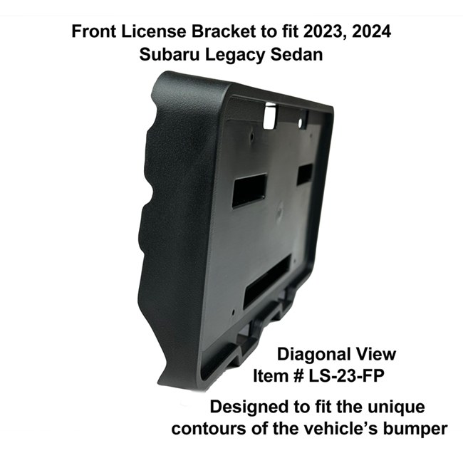 Diagonal View showing unique contours to fit snugly around your vehicle's bumper: Front License Bracket LS-23-FP to fit 2023, 2024 Subaru Legacy Sedan custom designed and manufactured by C&C CarWorx