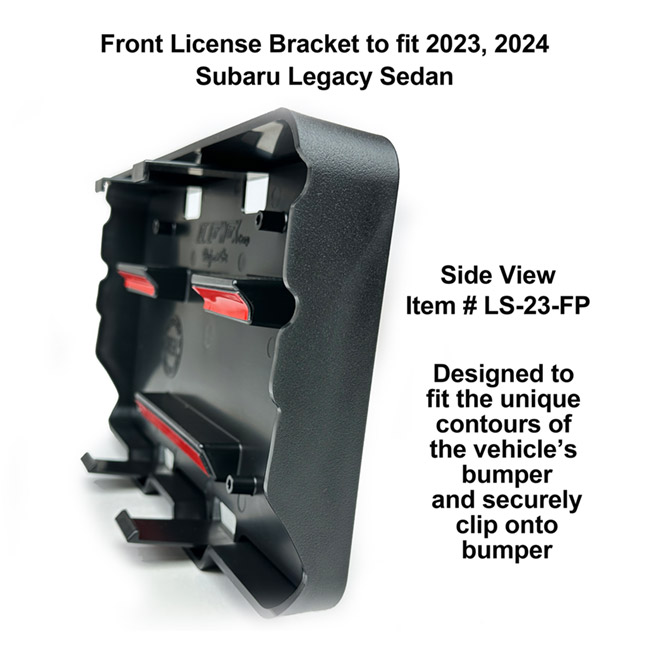 Side View showing unique contours to fit snugly around your vehicle's bumper: Front License Bracket LS-23-FP to fit 2023, 2024 Subaru Legacy Sedan custom designed and manufactured by C&C CarWorx