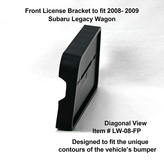 Diagonal View showing unique contours to fit snugly around your vehicle's bumper: Front License Bracket LW-08-FP to fit 2008-2009 Subaru Legacy Wagon