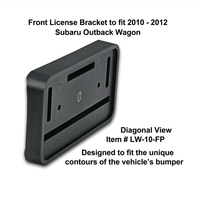 Diagonal View showing unique contours to fit snugly around your vehicle's bumper: Front License Bracket LW-10-FP to fit 2010-2012 Subaru Outback Wagon custom designed and manufactured by C&C CarWorx