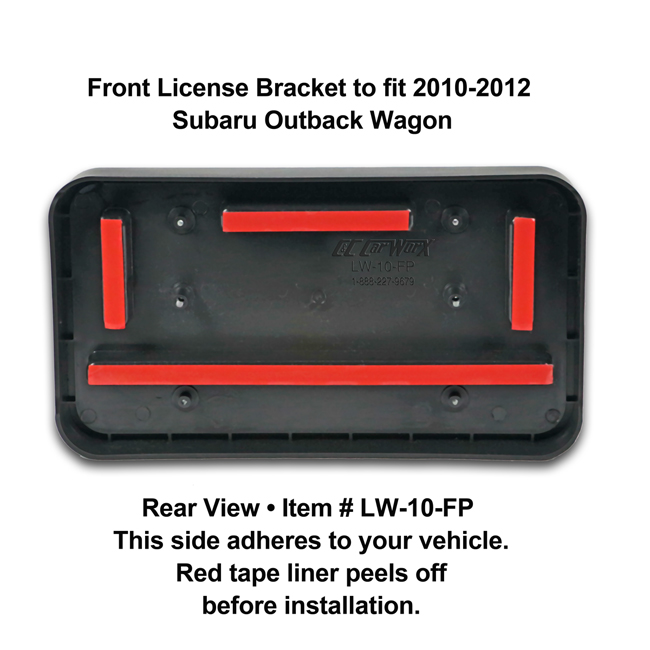 Rear View showing red tape liner which peels off before installation: Front License Bracket LW-10-FP to fit 2010-2012 Subaru Outback Wagon custom designed and manufactured by C&C CarWorx