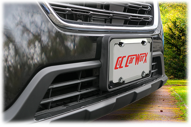 The C&C CarWorx Front License Bracket and Silver Stainless Steel License Plate Frame shown on a 2018-2019 Subaru Outback gives a stylish flair to the vehicle's front end.