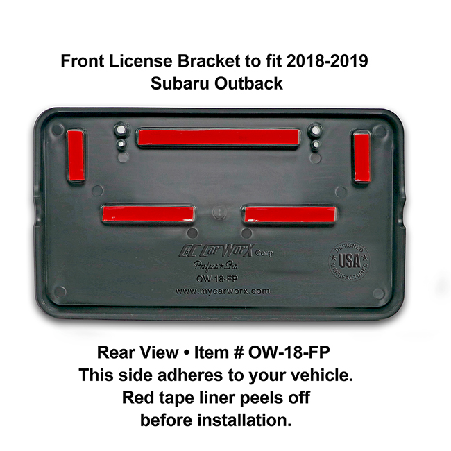 Rear View showing red tape liner which peels off before installation: Front License Bracket OW-18-FP to fit 2018-2019 Subaru Outback custom designed and manufactured by C&C CarWorx