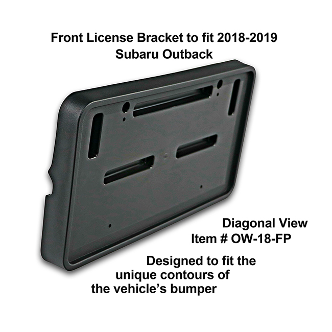 Diagonal View showing unique contours to fit snugly around your vehicle's bumper: Front License Bracket OW-18-FP to fit 2018-2019 Subaru Outback custom designed and manufactured by C&C CarWorx