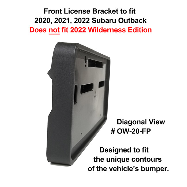 Diagonal View showing unique contours to fit snugly around your vehicle's bumper: Front License Bracket OW-20-FP to fit 2020, 2021, 2022 Subaru Outback (WILL NOT FIT 2022 WILDERNESS EDITION) custom designed and manufactured by C&C CarWorx