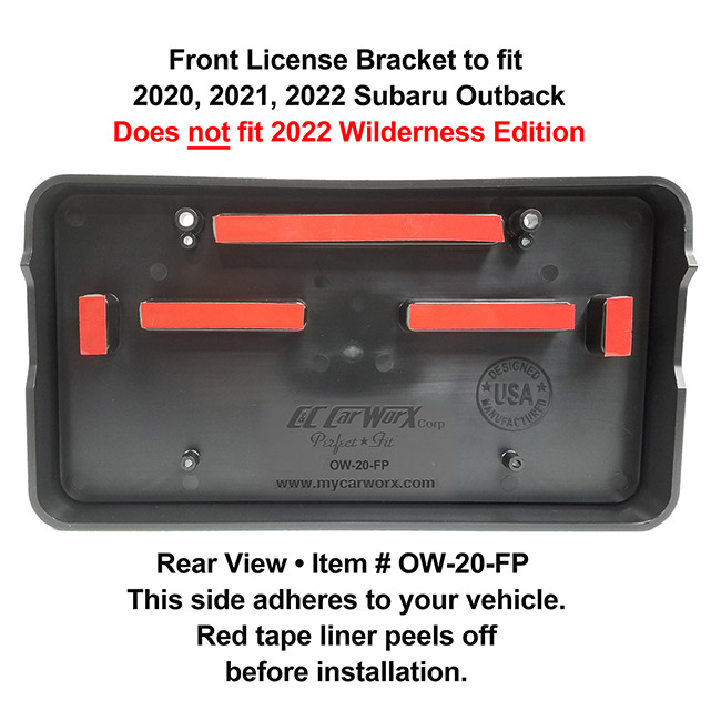 Rear View showing red tape liner which peels off before installation: Front License Bracket OW-20-FP to fit 2020, 2021, 2022 Subaru Outback (WILL NOT FIT 2022 WILDERNESS EDITION) custom designed and manufactured by C&C CarWorx