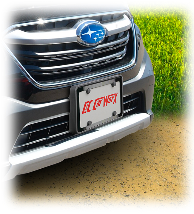 The C&C CarWorx front license bracket is shown above on a 2020 Outback with a black stainless frame around the license available as part of a bundle