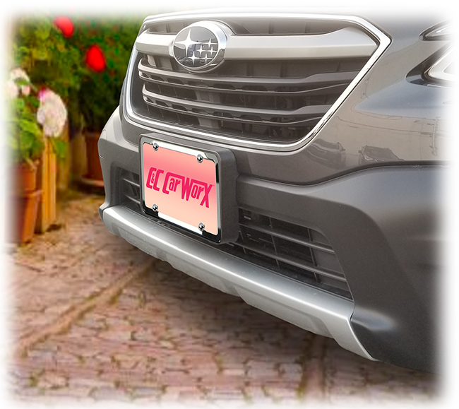 The C&C CarWorx front license bracket is shown above on a 2020 Outback with a silver stainless frame around the license available as part of a bundle