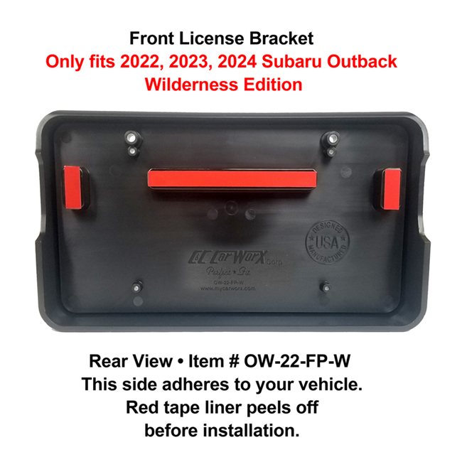 Rear View showing red tape liner which peels off before installation: Front License Bracket OW-20-FP to fit 2022, 2023, 2024  Subaru Outback Wagon WILDERNESS EDITION) custom designed and manufactured by C&C CarWorx