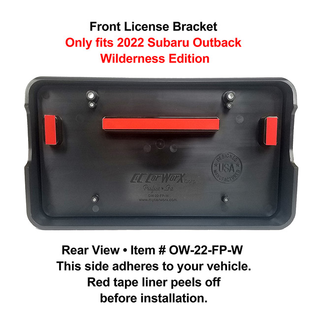 Rear View showing red tape liner which peels off before installation: Front License Bracket OW-20-FP to fit 2022 Subaru Outback Wagon WILDERNESS EDITION) custom designed and manufactured by C&C CarWorx