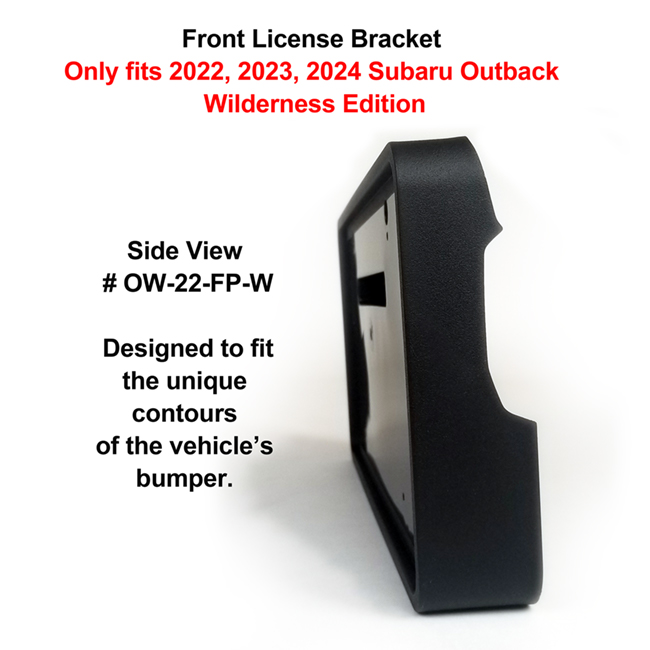 Diagonal View showing unique contours to fit snugly around your vehicle's bumper: Front License Bracket OW-20-FP to fit 2022, 2023, 2024  Subaru Outback Wagon WILDERNESS EDITION) custom designed and manufactured by C&C CarWorx
