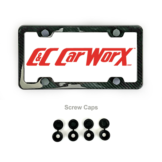 C&C CarWorx set of 2 Glossy Black Carbon Fiber License Plate Frames supplied with black screw caps:
     Provides a Classy Frame around your license plates to enhance your vehicle's style 