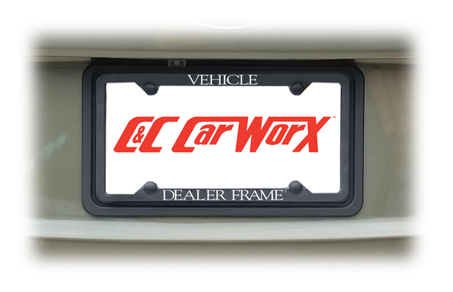 Both the Front and Rear License Brackets by C&C CarWorx can accommodate the addition of a vanity or dealer frame around the license, protecting each from typical wear and tear.