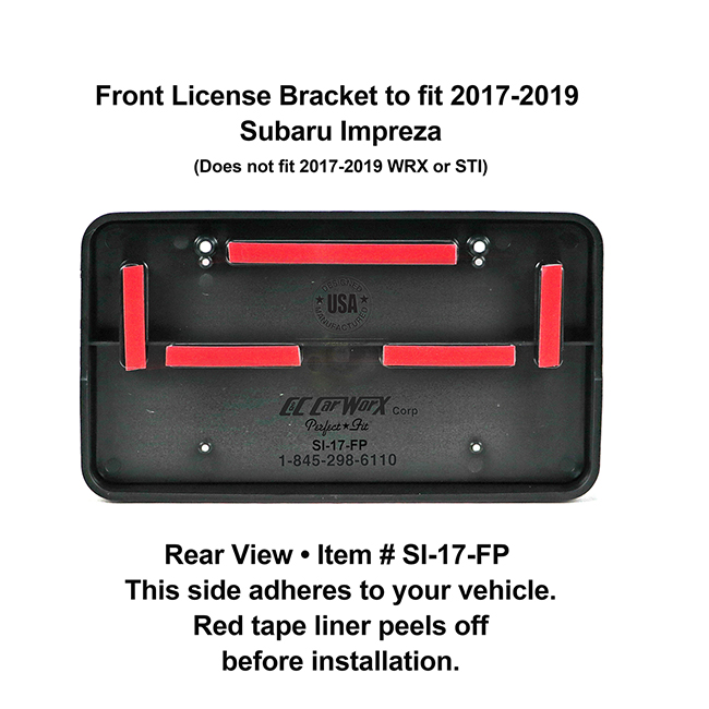 Rear View showing red tape liner which peels off before installation: Front License Bracket SI-17-FP to fit 2017-2018 Subaru Impreza (excluding WRX & STI models) custom designed and manufactured by C&C CarWorx