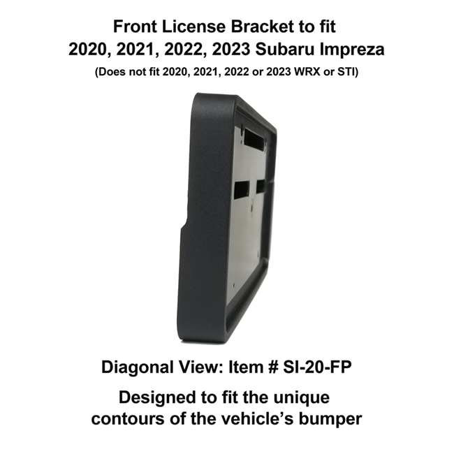 Diagonal View showing unique contours to fit snugly around your vehicle's bumper: Front License Bracket SI-20-FP to fit 2020, 2021, 2022, 2023  Subaru Impreza (excluding WRX & STI models) custom designed and manufactured by C&C CarWorx