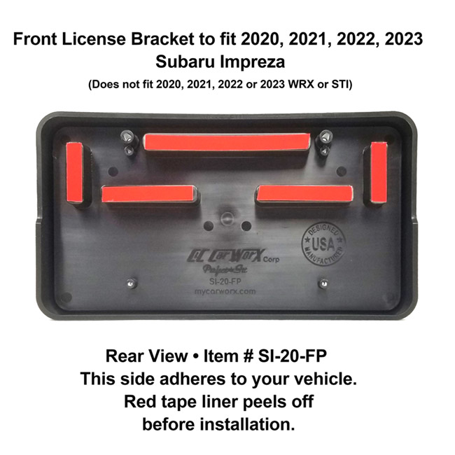 Rear View showing red tape liner which peels off before installation: Front License Bracket SI-20-FP to fit 2020, 2021, 2022, 2023  Subaru Impreza (excluding WRX & STI models) custom designed and manufactured by C&C CarWorx