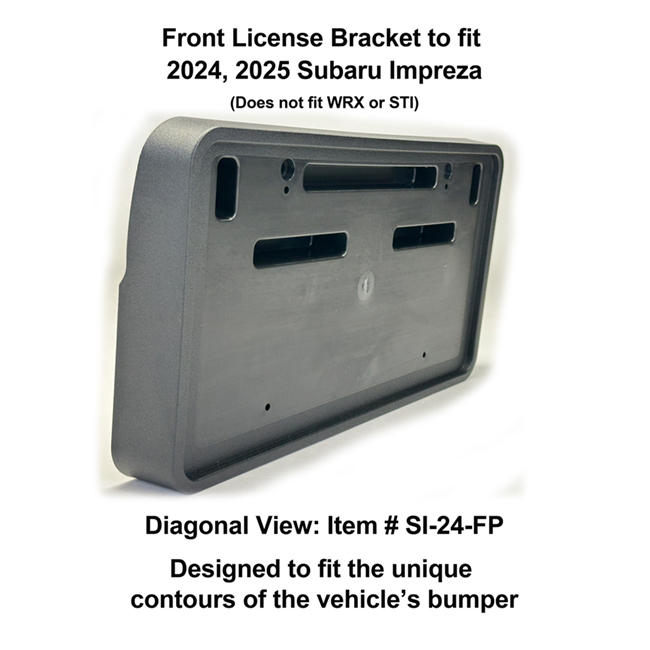 Diagonal View showing unique contours to fit snugly around your vehicle's bumper: Front License Bracket SI-24-FP to fit 2024, 2025 Subaru Impreza (excluding WRX & STI models) custom designed and manufactured by C&C CarWorx