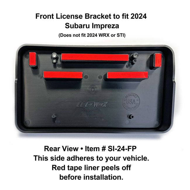 Rear View showing red tape liner which peels off before installation: Front License Bracket SI-24-FP to fit 2024  Subaru Impreza (excluding WRX & STI models) custom designed and manufactured by C&C CarWorx