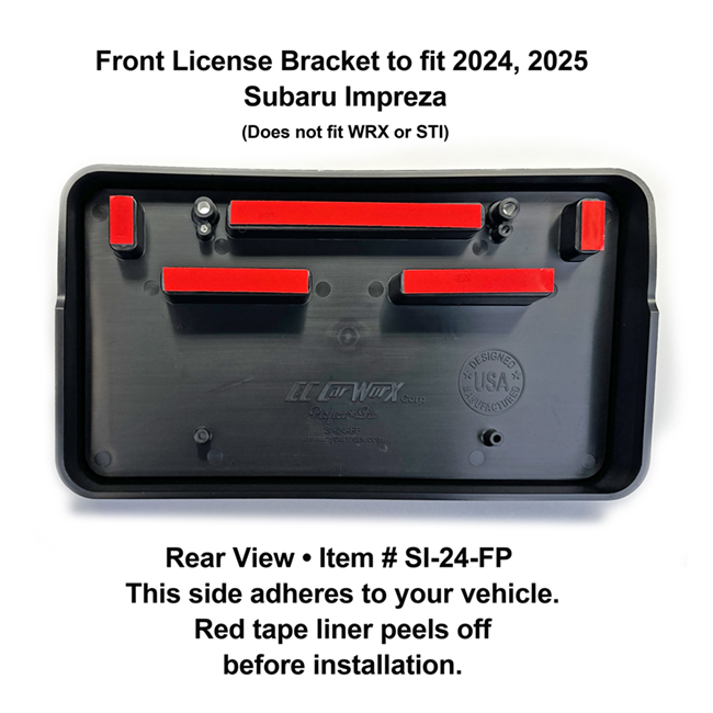 Rear View showing red tape liner which peels off before installation: Front License Bracket SI-24-FP to fit 2024, 2025 Subaru Impreza (excluding WRX & STI models) custom designed and manufactured by C&C CarWorx