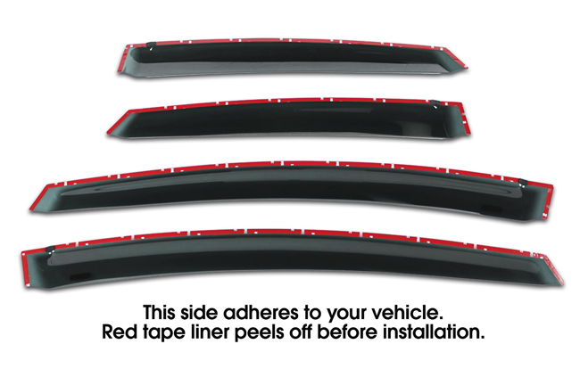 Shown with tape liner which peels off before installation: Set of Four Tape-On Outside-Mount Window Visor Rain Guards to fit 2011-15 Toyota Prius XW30