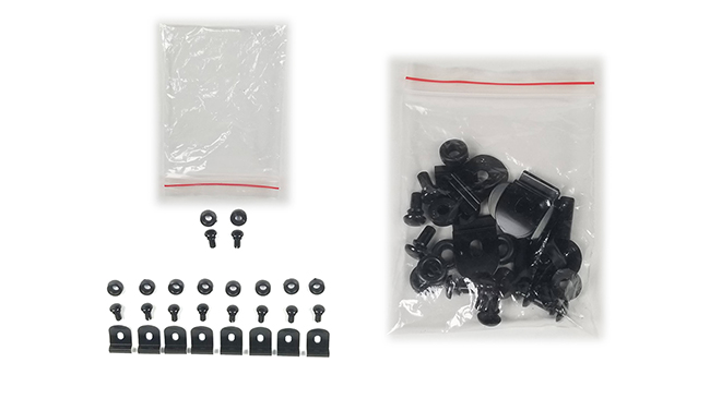 Shown are packets of clips used for installation of a Set of 4 Tape-On Outside-Mount Window Visor Injection-Molded Rain Guards to fit 2012-2016 Subaru® Impreza Hatchback excluding WRX & STI models 