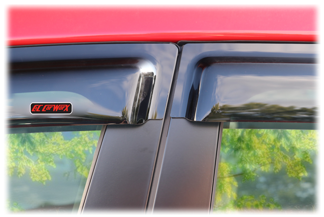 The C&C CarWorx Window Visor Rain Guards to fit the 2015-2019 Subaru® Impreza WRX & STI (Sedan Models Only!) shown on a 2018 Impreza WRX STI feature perfect door abutment, along with a precise fit from front to back of your vehicle.