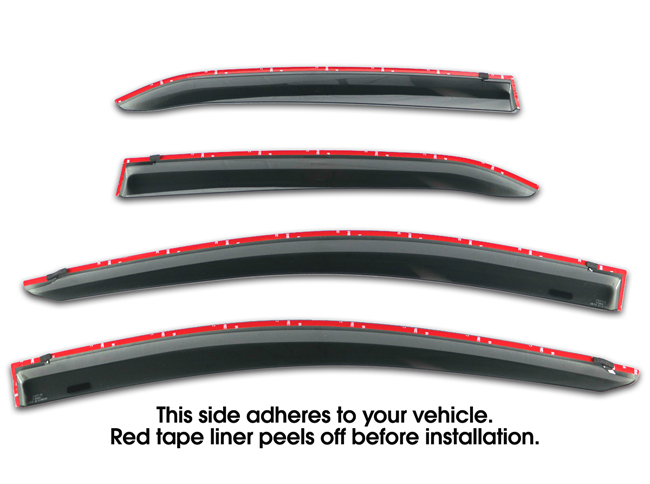 Shown with tape liner which peels off before installation: Set of Four WV-07CO-TF Tape-On Outside-Mount Window Visor Rain Guards to fit Toyota Corolla, years 2009 2010 2011 2012 2013  4-Door / E140 Series 