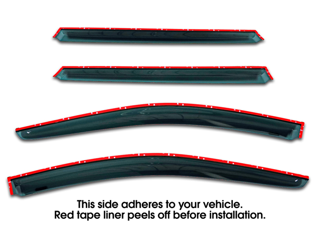 Shown with tape liner which peels off before installation: Set of 4  WV-LS-10-TF Tape-On Outside-Mount Window Visor Rain Guards With Chrome-Style Accent Trim to fit 2010-2014 Subaru Legacy Sedan