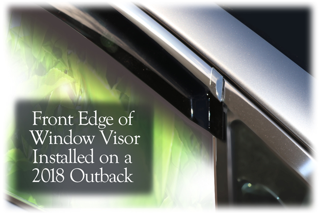 Shown is a close-up of front edge of window visor on a 2018 model: Set of four WV-O15-TF Tape-On Outside-Mount Window Visor Rain Guards With Chrome-Style Accent Trim to complement your model's OEM design and fit 2015-2016-2017-2018-2019 Subaru Outback Wagon
