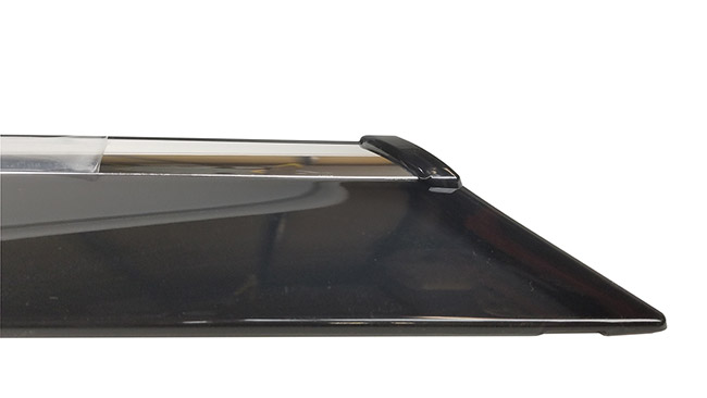 Close-up of corner detail: Set of four WV-O20-TFI high quality Injection-Molded Tape-On Outside-Mount Window Visor Rain Guards With Chrome-Style Accent Trim to complement your model's OEM design and fit 2020, 2021, 2022, 2023, 2024 Subaru Outback Wagon
