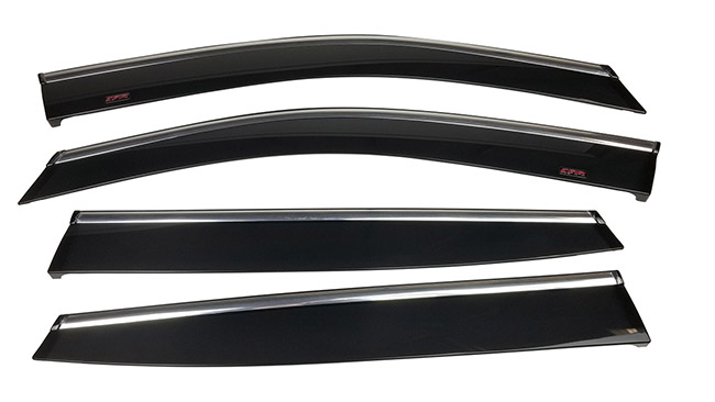 Shown: Set of four high quality Injection-Molded WV-O20-TFI Tape-On Outside-Mount Window Visor Rain Guards With Chrome-Style Accent Trim to complement your model's OEM design and fit 2020, 2021, 2022, 2023, 2024 Subaru Outback Wagon