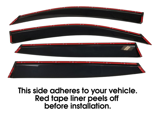 Shown with tape liner which peels off before installation: Set of four WV-O20-TFI high quality Injection-Molded Tape-On Outside-Mount Window Visor Rain Guards With Chrome-Style Accent Trim to complement your model's OEM design and fit 2020, 2021, 2022, 2023, 2024 Subaru Outback Wagon